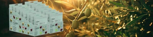 Display box of organic olives with several 30g packs