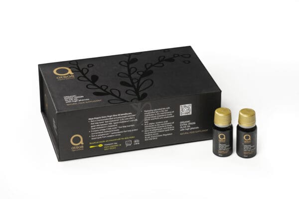 box of 15 x 10ml Atsas high polyphenol extra virgin olive oil with 2 10ml bottles in front of box