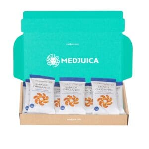 Medjuica brand box with 10 x 30g almond packets