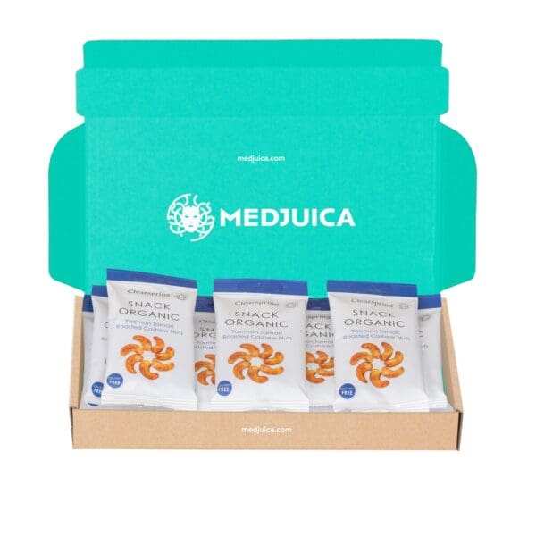 Medjuica brand box with 10 x 30g almond packets